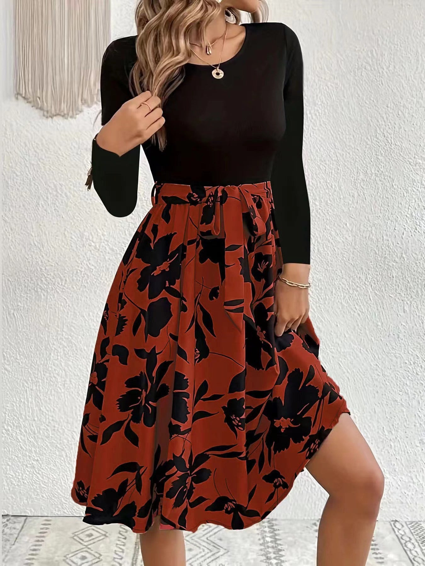 Robe à manches longues et col rond à imprimé floral, coupe ajustée, vêtements pour femmes