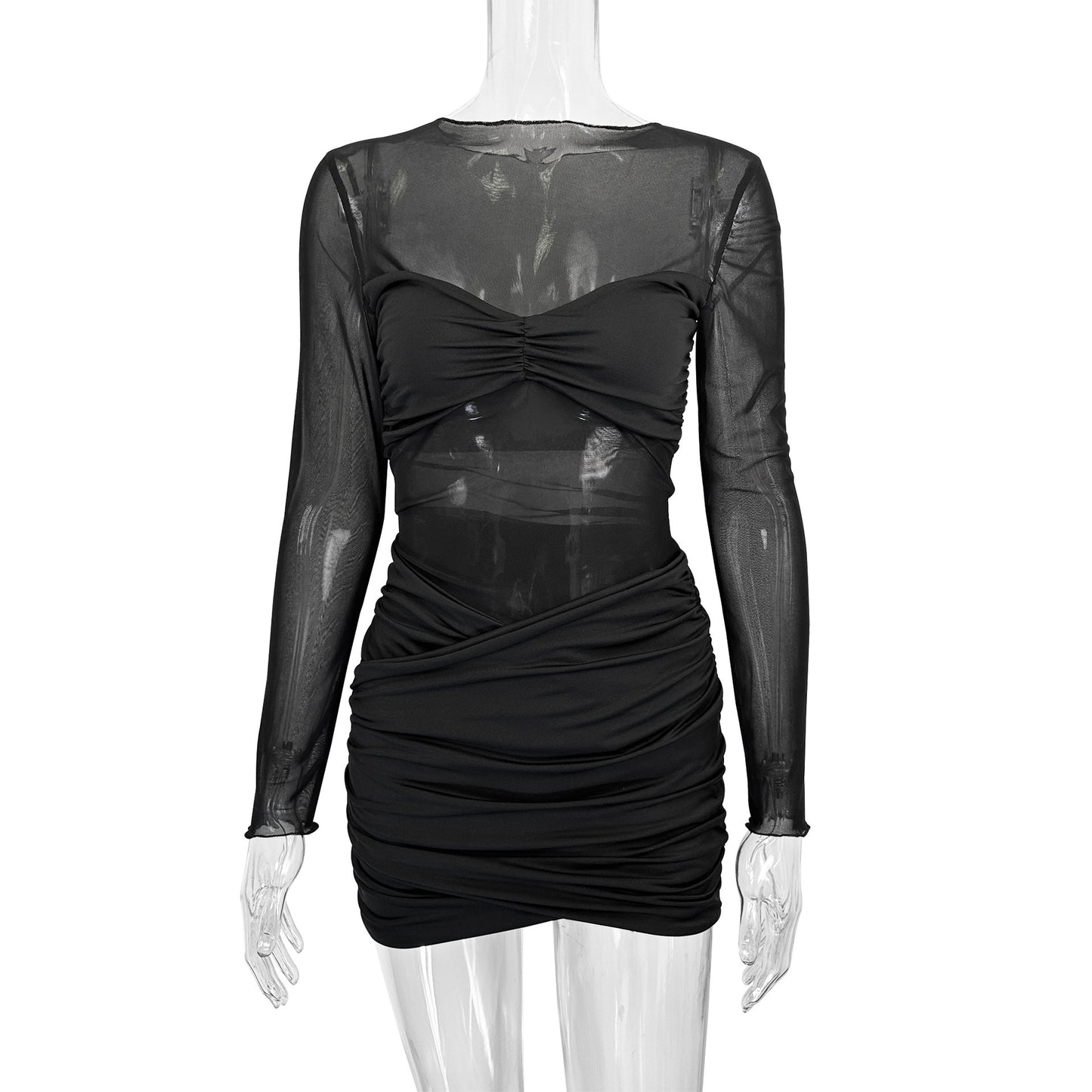 Round Neck Long Sleeve Mesh Stitching Dress