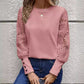 Solid Color Long Sleeve Embroidered Lace Stitching Waffle Crew Neck Top