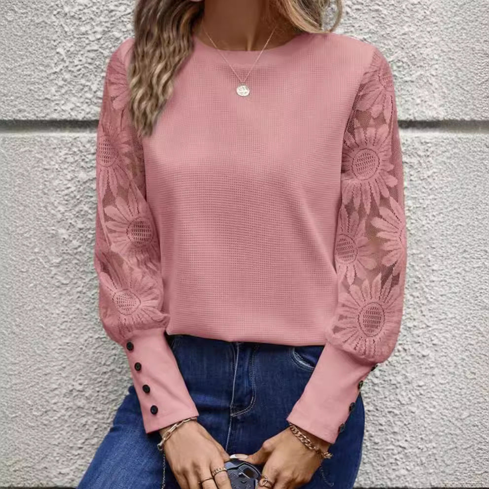 Solid Color Long Sleeve Embroidered Lace Stitching Waffle Crew Neck Top