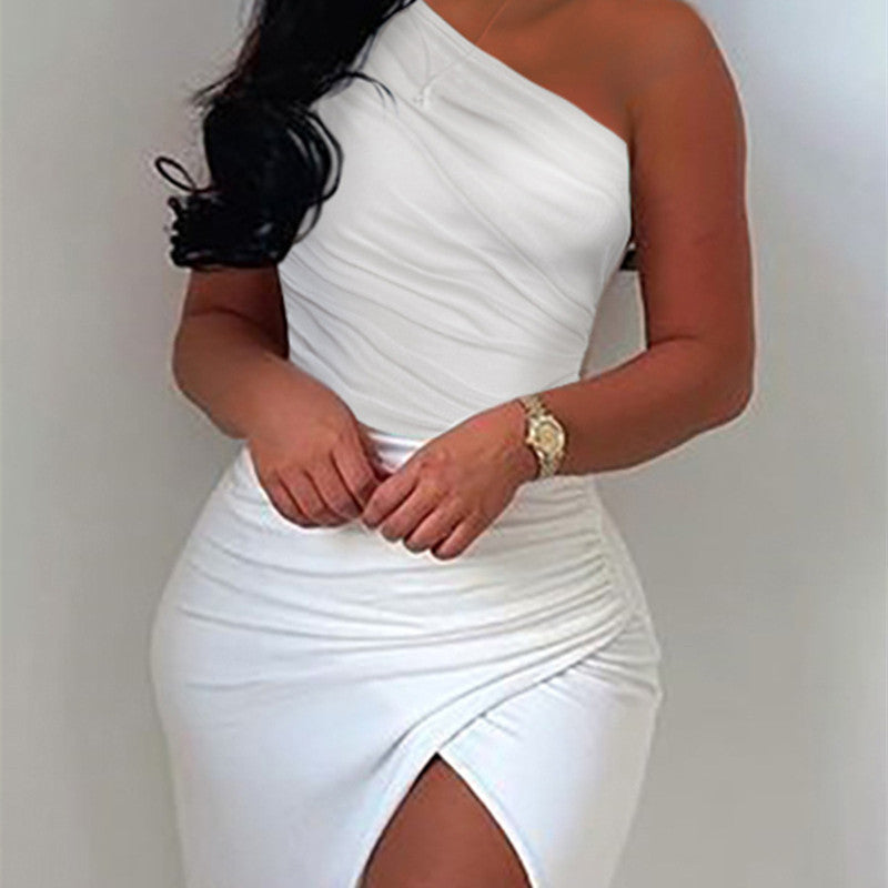 Robe plissée fendue à épaules dénudées pour femme, couleur unie