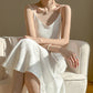 Robe à bretelles en satin acétate, col en V, pour femme