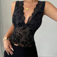 Slim Fit Flocking Mesh Black Contrast Color Lace V-neck Vest Top