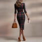 Classic Plaid Three-quarter-sleeve Boat-neck Bodycon Dress