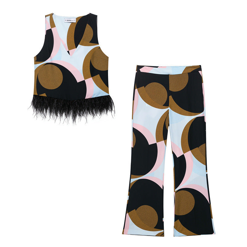 Feather Print Top Geometric Bell-bottom Pants Suit