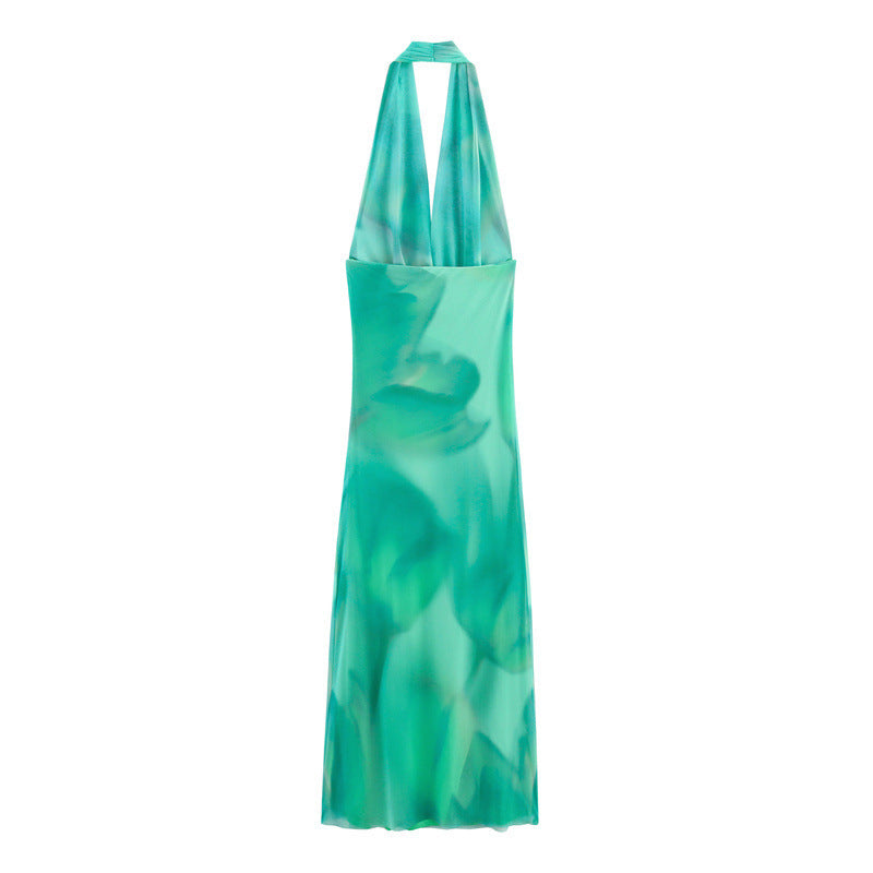 Printing Silk Net Long Halter Dress
