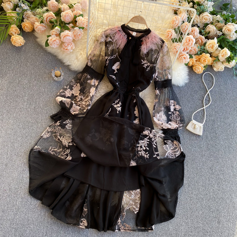 Heavy Industry Embroidered Flowers Ostrich Fur Lace Dress