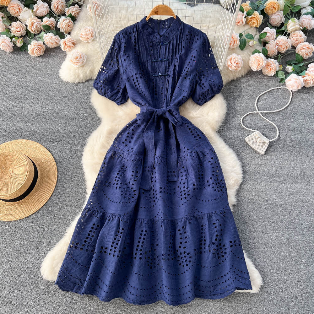 Women's Temperament Fashion Waist-slimming Hollow Bubble Short-sleeved Dress