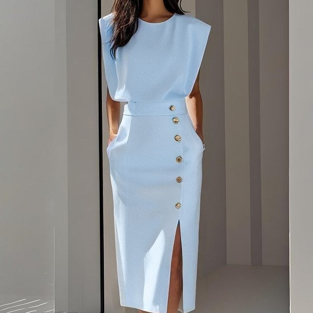 Split Metal Button Summer Dress Women
