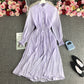 Women's POLO Collar Slim Fit Long Polka Dot Chiffon Pleated Skirt