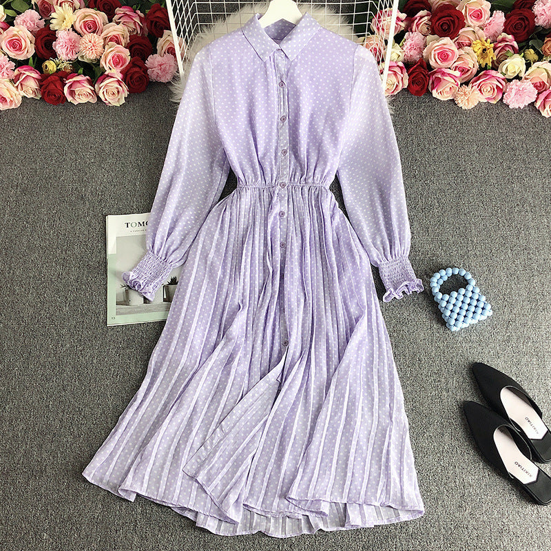 Women's POLO Collar Slim Fit Long Polka Dot Chiffon Pleated Skirt