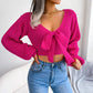 Trendy Bow Knot V-Neck Lantern Sleeve Cropped Sweater