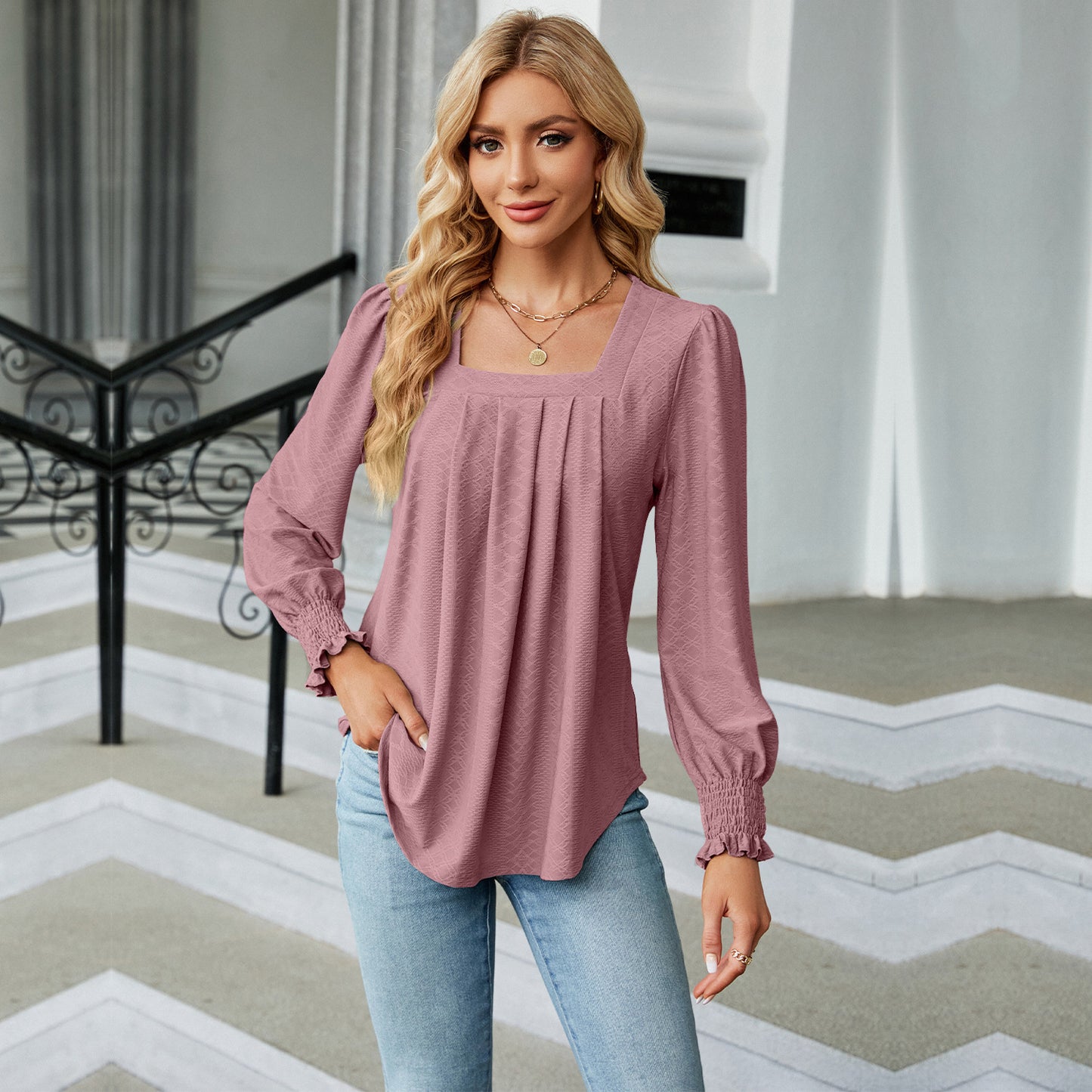 T-shirt jacquard plissé à col carré, couleur unie, manches longues, tendance, vêtements pour femmes