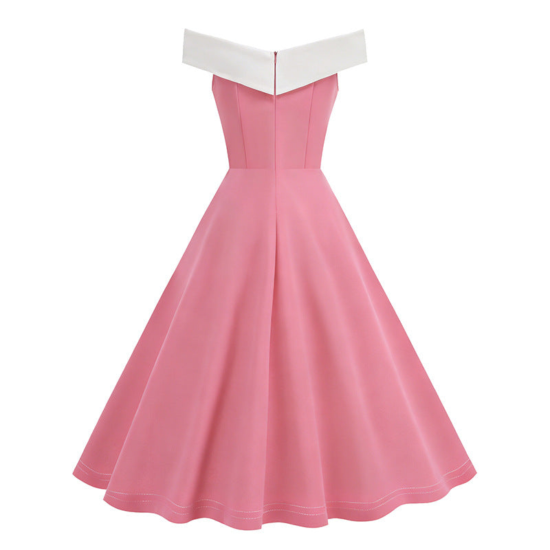 Womens Retro Off-the-Shoulder Sleeveless Contrast-Color Formal Dress