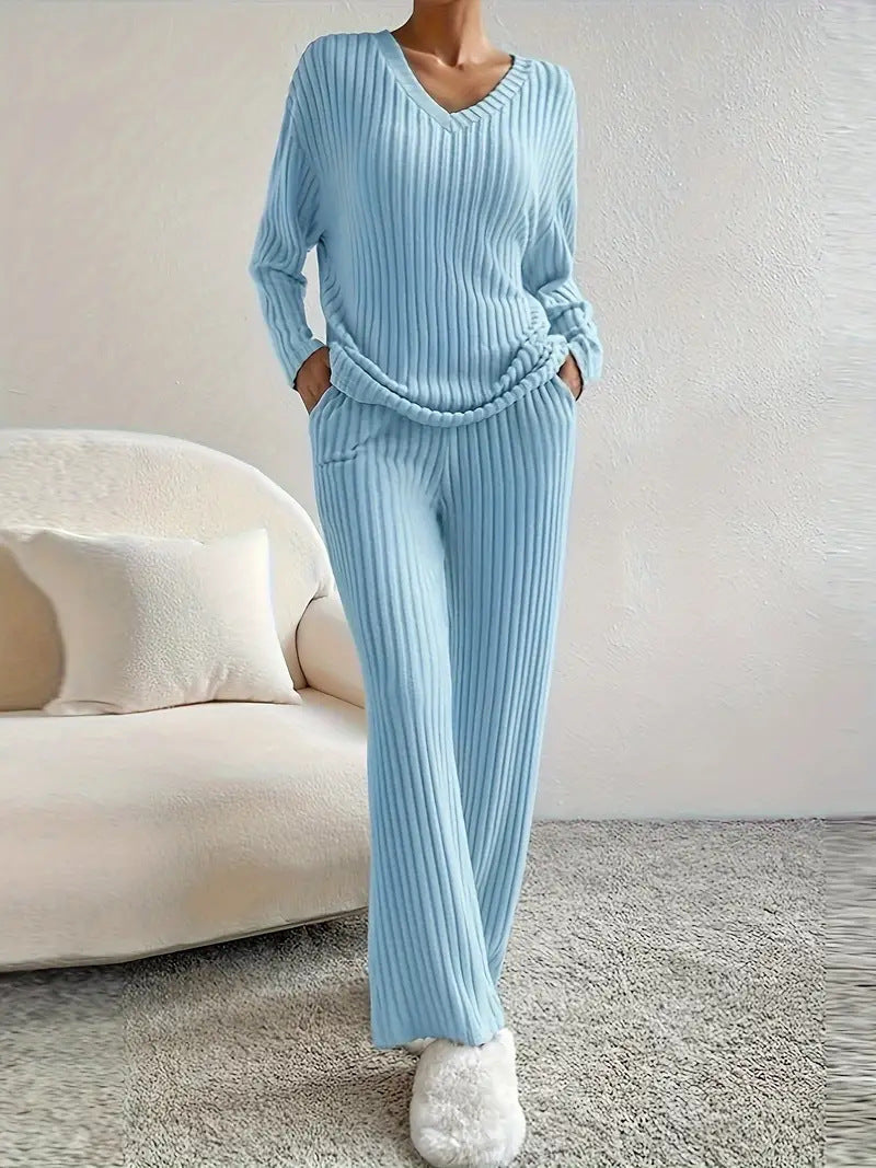 Straight-leg Pants With A Loose And Elegant V-neck Ribbed Two-piece Set