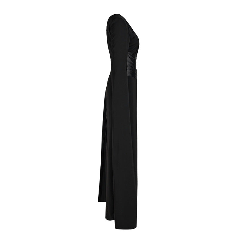 Womens Asymmetrical Black Waist-Cinching Sleeveless Dress With A Slant Neckline