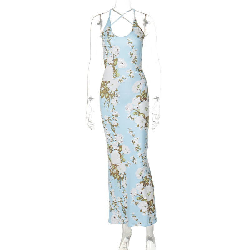 Fashion Printed Backless U-neck Slim Strap Dress
