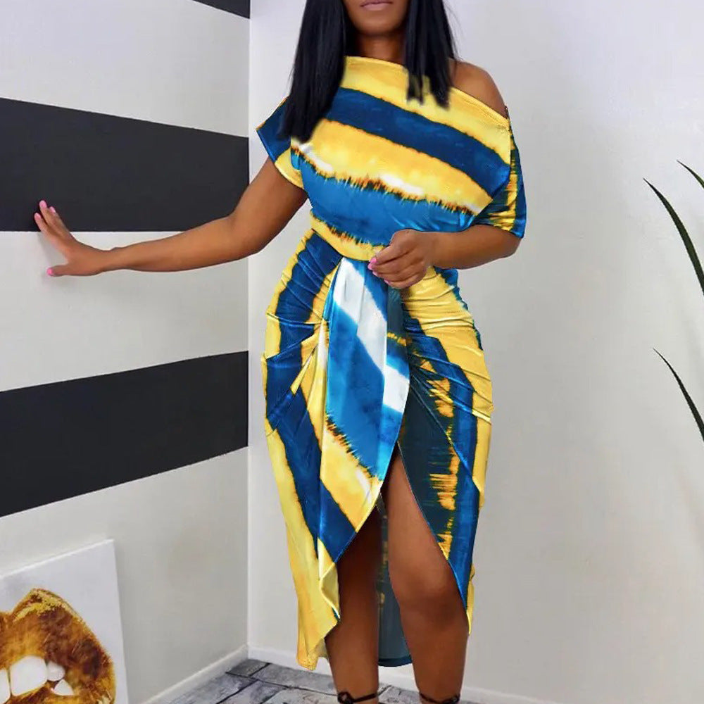 Robe imprimée à manches courtes et col diagonal irrégulier pour femmes européennes et américaines