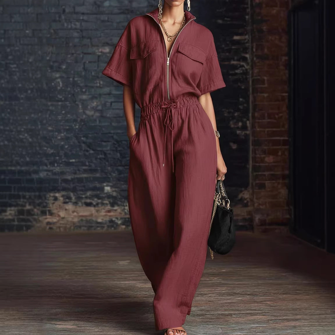 Stand-up Collar Sleeveless Casual Loose-fit Cotton-linen Jumpsuit