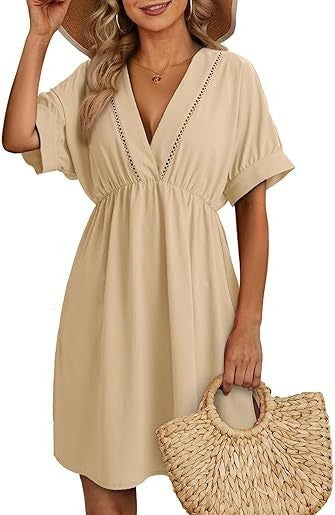 Chemisier de maillot de bain pour femme, robe à manches courtes et col en V ajouré