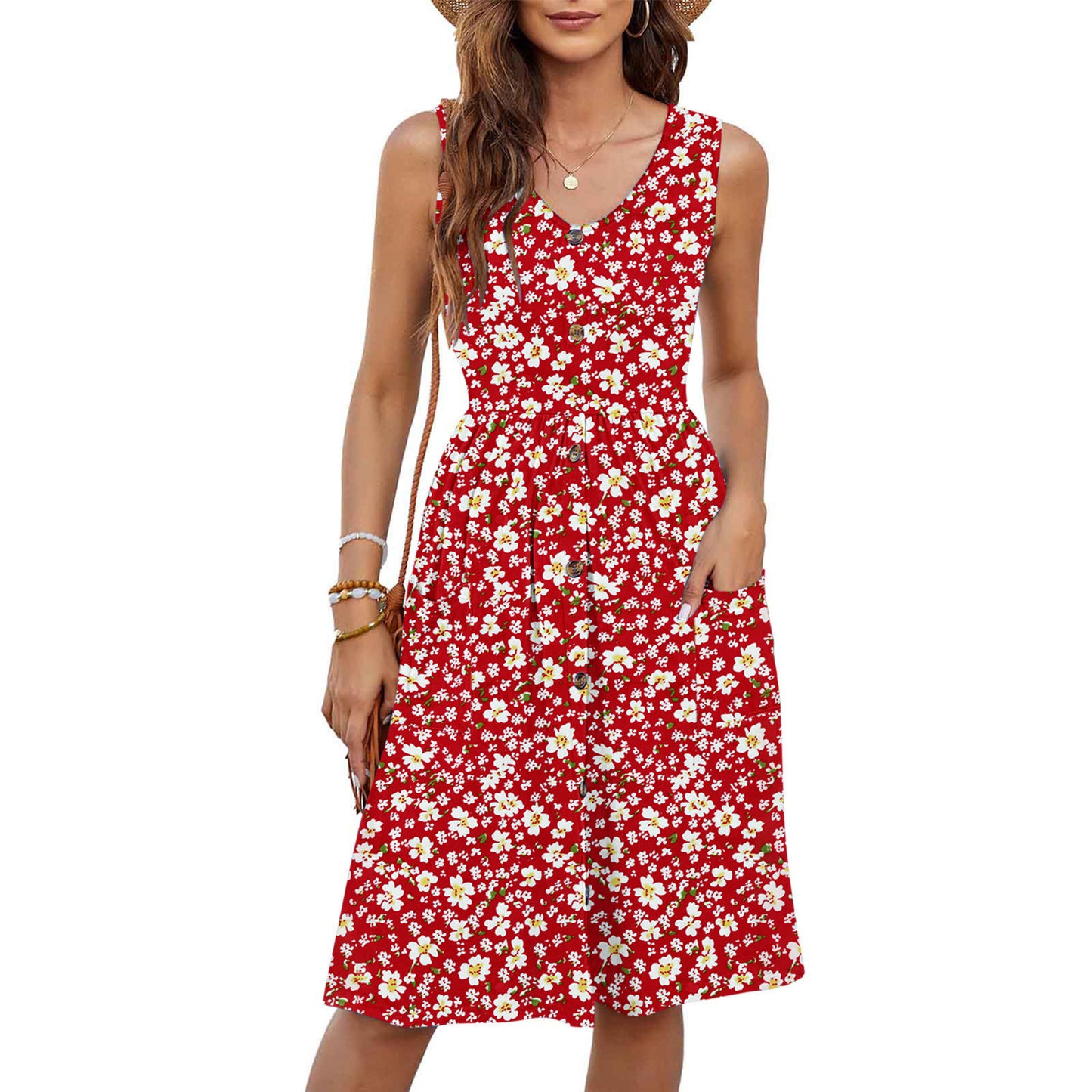 Slim-fit Casual Mid-length Button-down Dress With Pockets