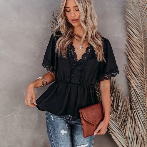 Women's Chiffon Shirt Loose Slimming Waist-tight Elegant Lace Chiffon Patchwork Solid Color Top