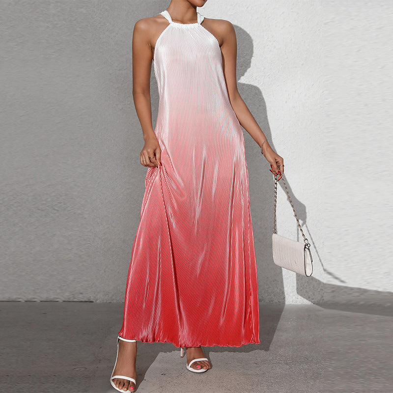 Womens Gradient-Color Fashionable Sexy Backless Halter Dress