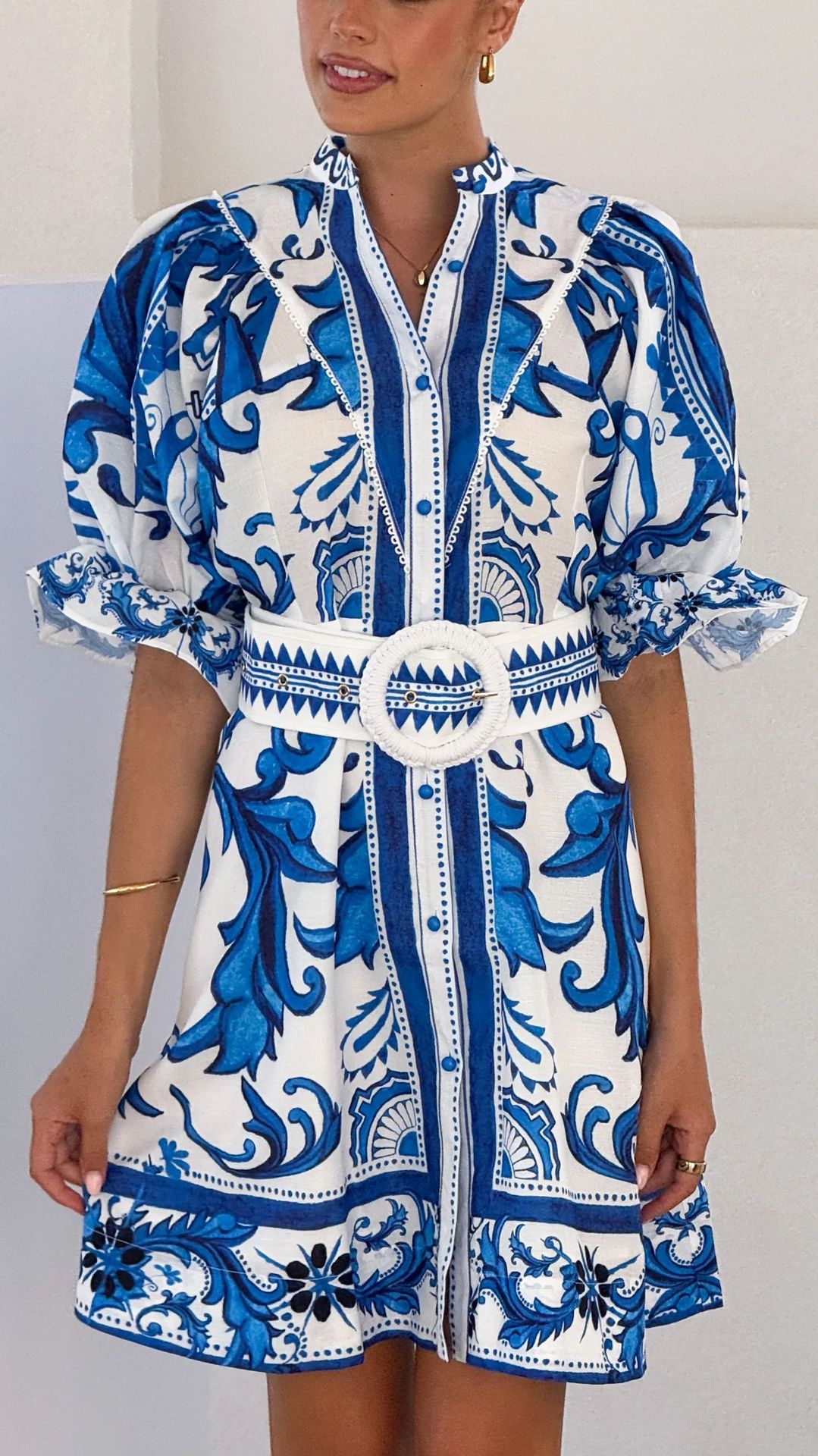 Stylish All-matching Linen Dress With A Chic Print And Lace Trim