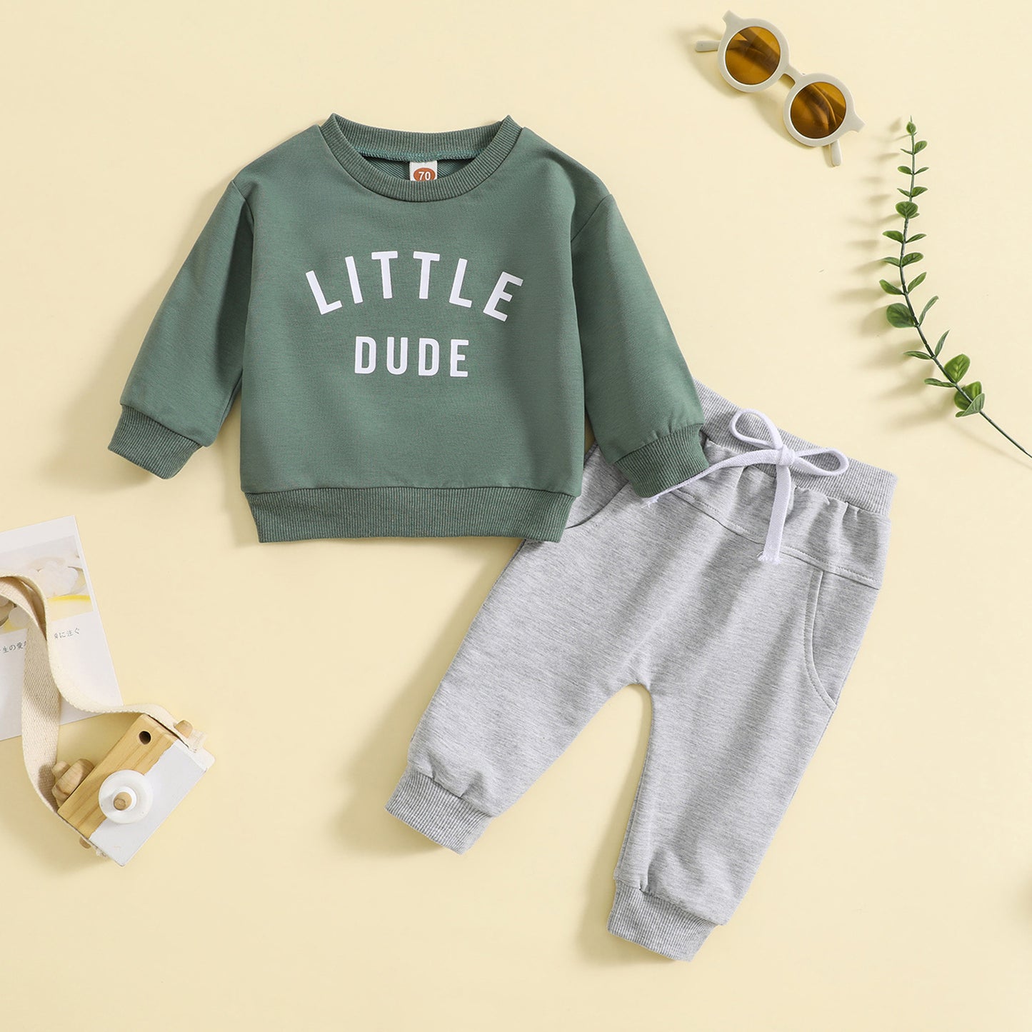Round Neck Letter Printed Top Solid Color Pants Two Piece Set