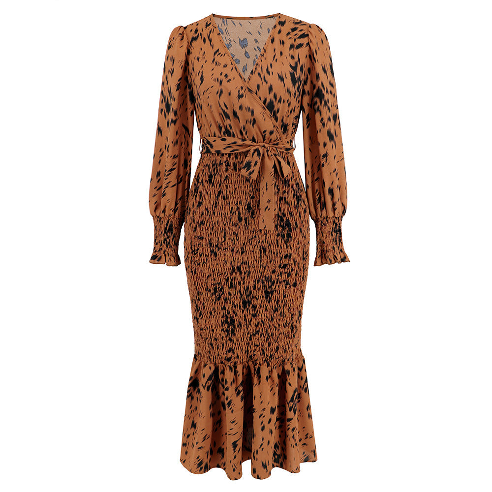 Robe imprimée coupe ajustée à col en V et ceinture, longue queue de poisson, populaire