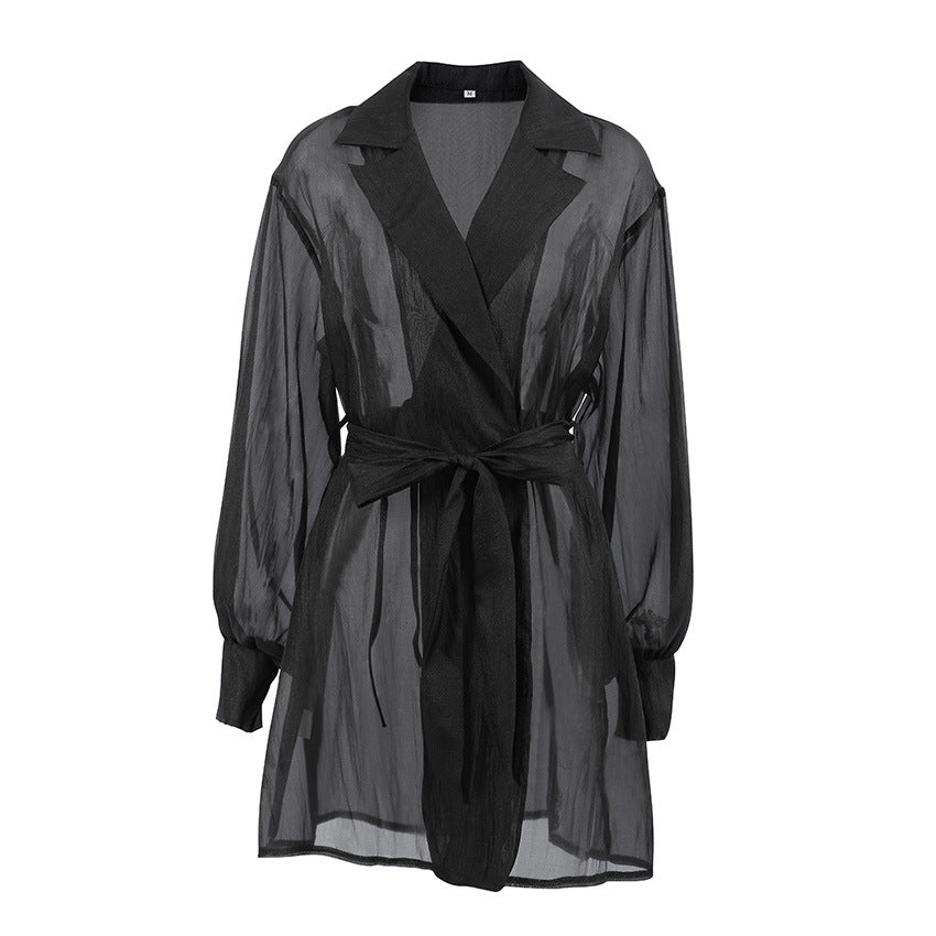 Black Mesh Cardigan-laced Nightgown Sexy And Sheer