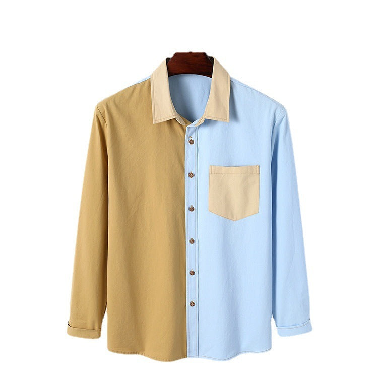Men's Lapel Cardigan Color Block Long Sleeve Top