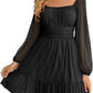 European And American Womens Mesh Long-Sleeve Square-Neck Dress