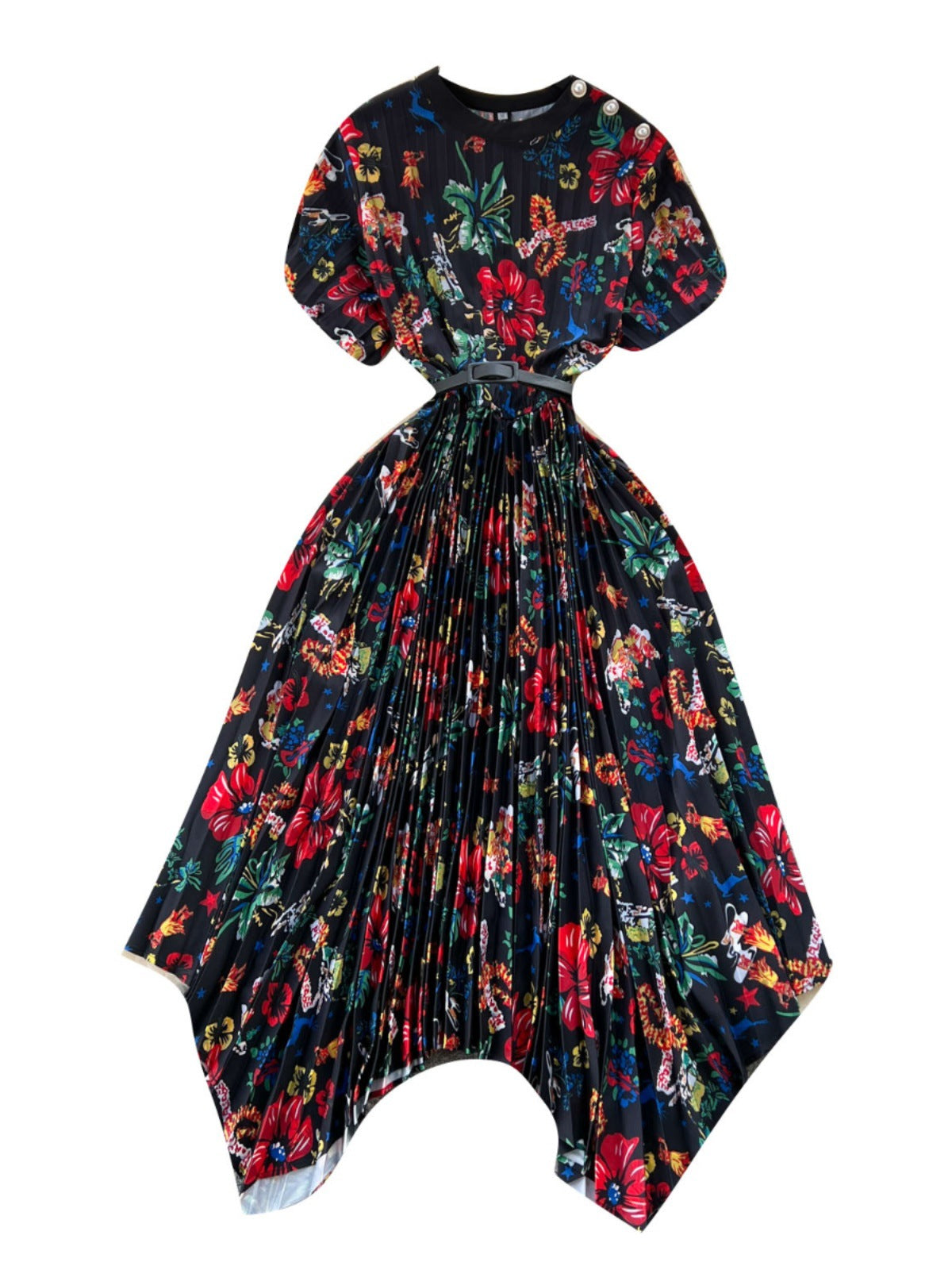 Waist Slimming A- Line Pleated Irregular Dress