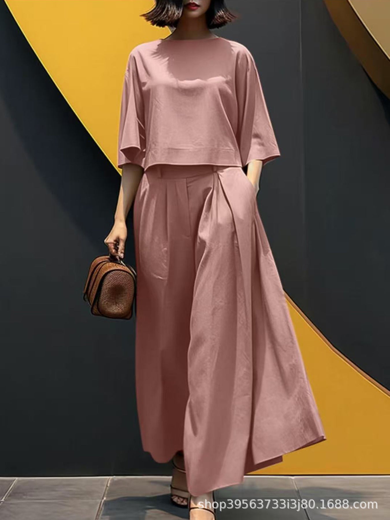 European And American Fashion Suit Solid Color Short Sleeve Loose Trousers Two-piece Set