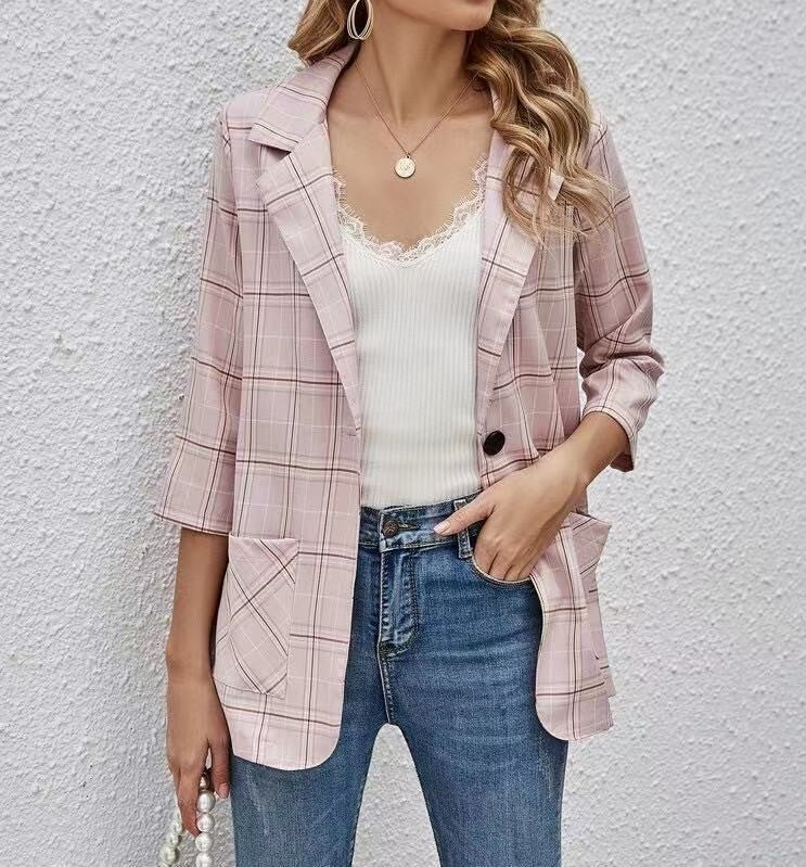 Fashion Plaid Three Quarter Sleeve Small Suit