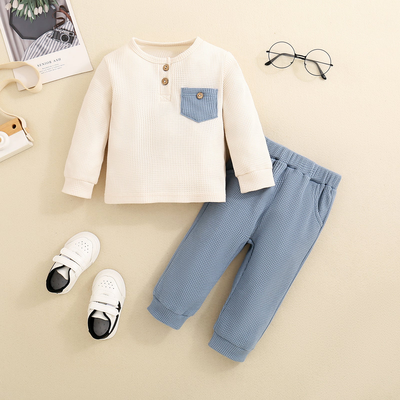 Baby Waffle Thickened Long Sleeve Trousers Suit