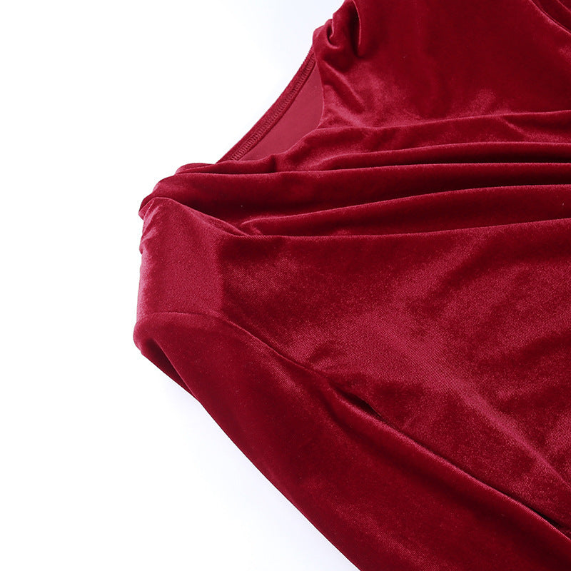 Suede Shoulder Cutout Gathered Long Sleeve Pack Hip Dress