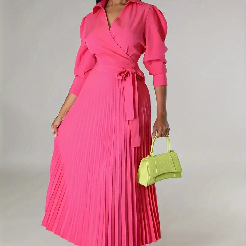 V-neck Long-sleeve Coat-pressed Dress With A Cinched Waist For Women