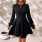 Robe élégante noire à col rond et manches longues en dentelle pour femme, ourlet évasé et fin