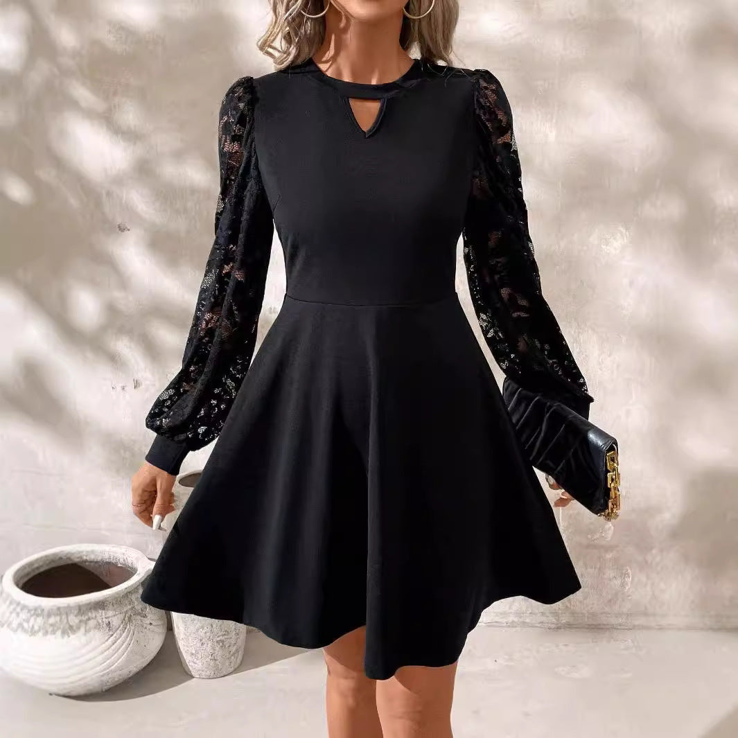 Robe élégante noire à col rond et manches longues en dentelle pour femme, ourlet évasé et fin