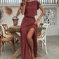 Women's Solid Color Round Neck Batwing Sleeve Crop Top And Side Split Skirt