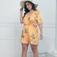Women's Deep V Print Short Sleeve Waist Casual Siamese Shorts
