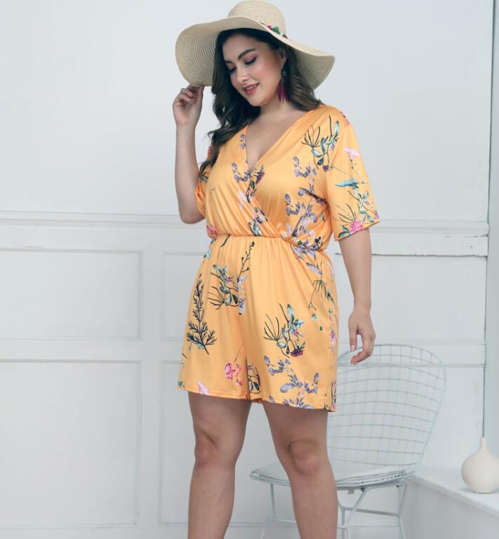 Women's Deep V Print Short Sleeve Waist Casual Siamese Shorts