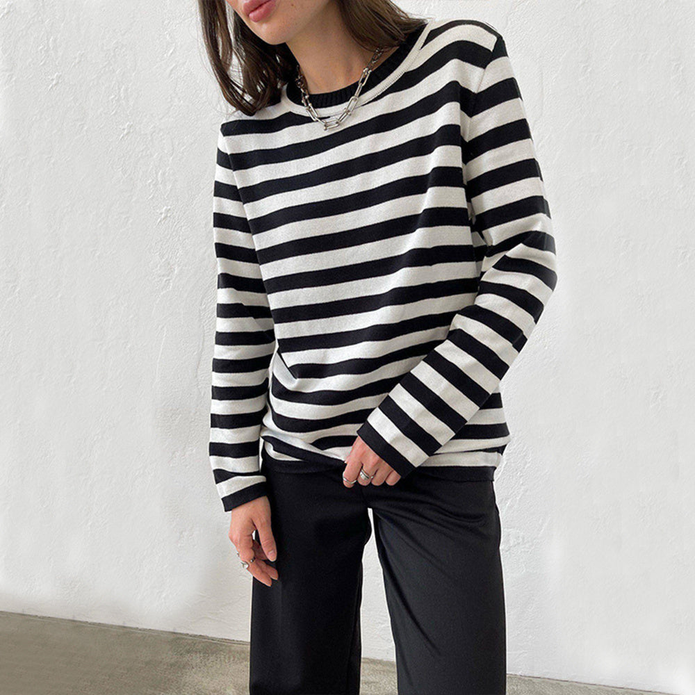 Pull rayé à manches longues en tricot, pull polyvalent, vêtements pour femmes