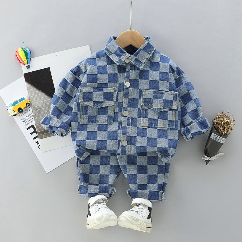Combinaison à carreaux avec double poche et revers, pantalon à manches longues et salopette pour enfant
