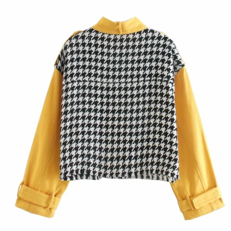 Short Houndstooth Woolen Texture Small Lapel Single Pocket