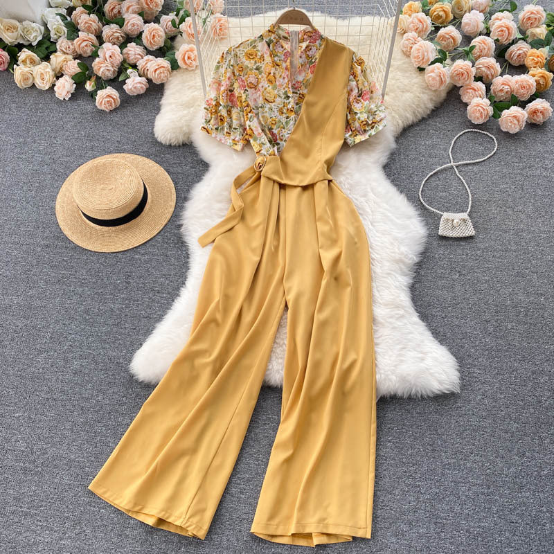 Combinaison deux pièces style occidental à col en V, taille haute, drapée amincissante, jambes larges, pour femmes