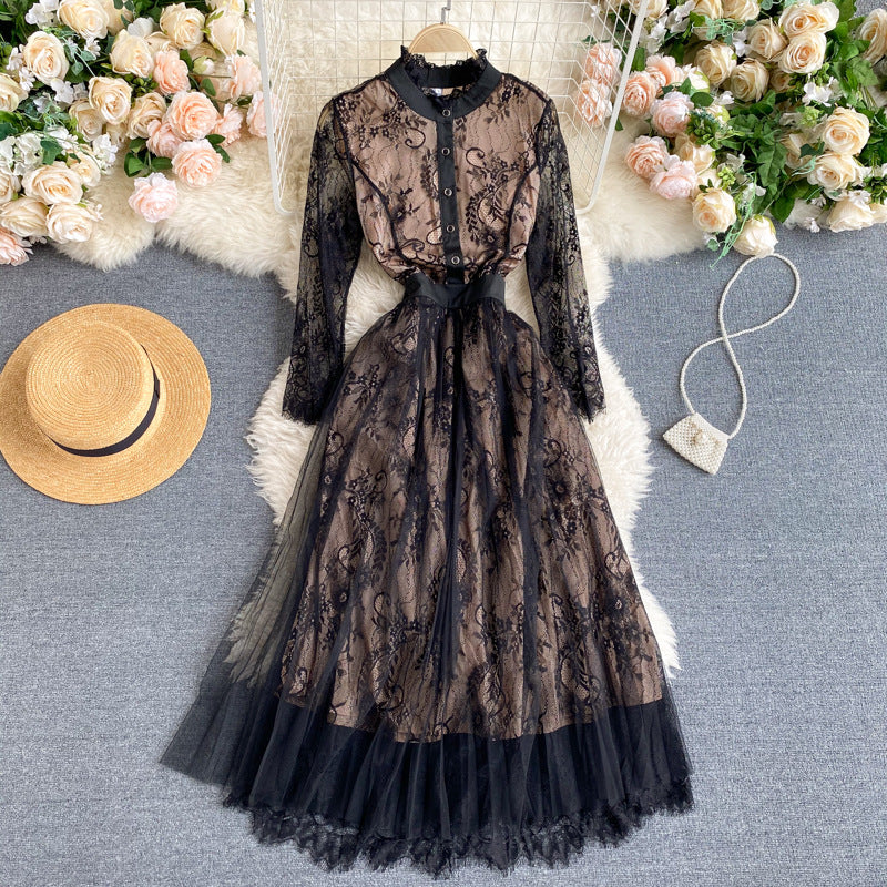 Temperament Dress Lace Round Neck Long Sleeve Mesh Hollow Women's