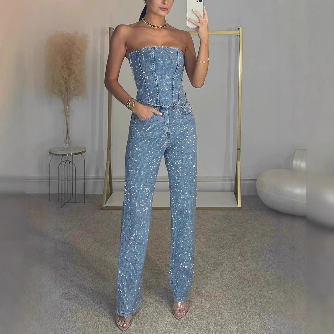 Off-the-shoulder Shiny Vest Diamond Trousers Suit